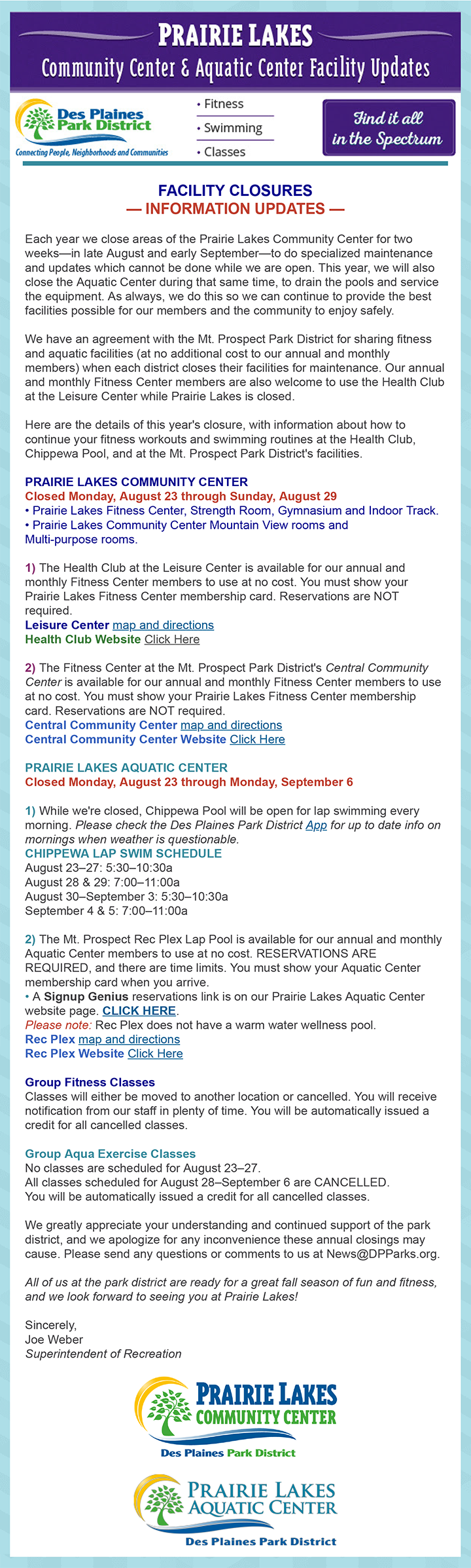 Prairie Lakes Annual Closures eNewsletter