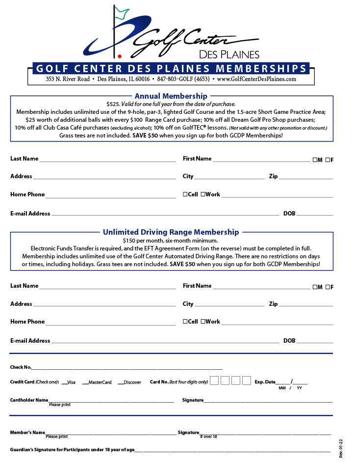 Golf Center Des Plaines Memberships Form