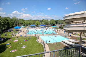 View of water park from the top of the slide stairs.